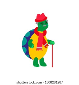 old interesting turtle on a white background with a hat, with a wand and a scarf. Used colors - yellow, green, blue, red, turquoise