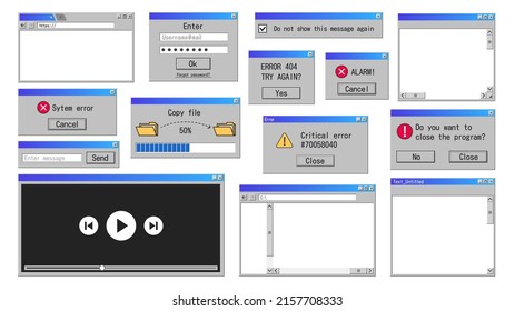 Old interface windows. Retro error message, internet browser and file manager classic software design. Vector old system elements. Illustration of interface error computer, message window