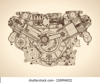Old Internal Combustion Engine, Drawing. Vector