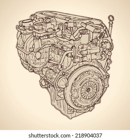 Old Internal Combustion Engine, Drawing. Vector