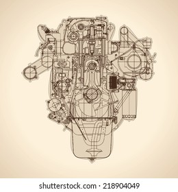 Old internal combustion engine, drawing. Vector