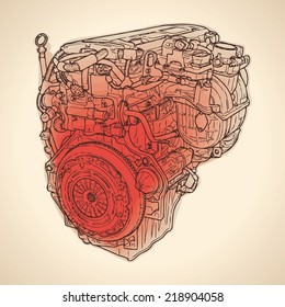 Old internal combustion engine, drawing. Vector