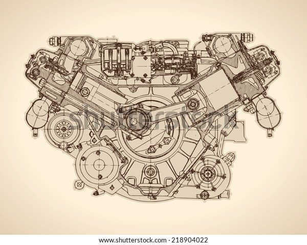 Old Internal Combustion Engine Drawing Vector Stock Vector (Royalty ...