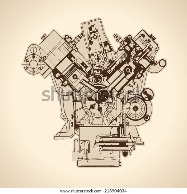 Old internal\
combustion engine, drawing.\
Vector