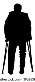 Old invalid man walking with sticks vector silhouette isolated on white background. Injured person with crutches illustration. Disabled man on crutches. Recovery senior rehabilitation after accident