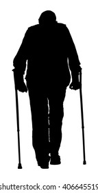 Old invalid man walking with sticks vector silhouette isolated on white background. Injured person with crutches illustration. Disabled man on crutches. Recovery senior rehabilitation after accident