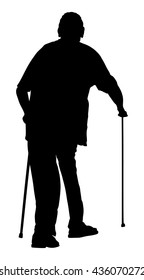 Old invalid man walking with sticks vector silhouette isolated on white background. Injured person with crutches illustration. Disabled man on crutches. Recovery senior rehabilitation after accident