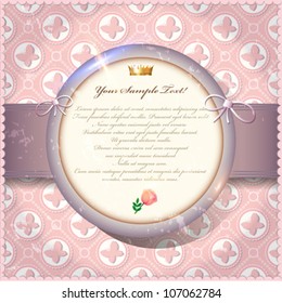 Old invitation card with round label on pink butterfly background. Vector art.