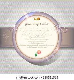 Old invitation card with round label on grunge background. Vector art.