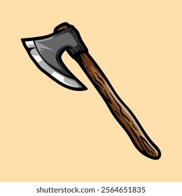old iron axe ax weapon isolated colored drawing line art style sketch classic vintage design illustration