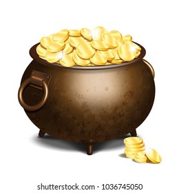 Old iron cauldron full of gold coins isolated on white background. Stack of gold coins near the vintage pot. Vector illustration for St. Patricks Day poster or card.