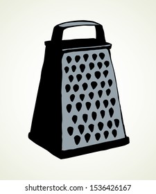 Old iron cookware foodstuff dishware box on light backdrop. Outline black drawn chrome shredder utility logo pictogram design in retro art doodle cartoon print style on paper text space. Close up view