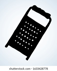 Old iron cookware foodstuff dishware box on light backdrop. Outline black drawn chrome shredder utility logo pictogram design in retro art doodle cartoon print style on paper text space. Close up view