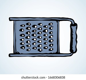 Old iron cookware foodstuff dishware box on light backdrop. Outline black drawn chrome shredder utility logo pictogram design in retro art doodle cartoon print style on paper text space. Close up view