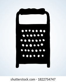 Old iron cookware foodstuff dishware box on light backdrop. Outline black drawn chrome shredder utility logo pictogram design in retro art doodle cartoon print style on paper text space. Close up view