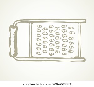 Old iron cookware foodstuff dishware box on light backdrop. Outline black drawn chrome shredder utility logo pictogram design in retro art doodle cartoon print style on paper text space. Close up view