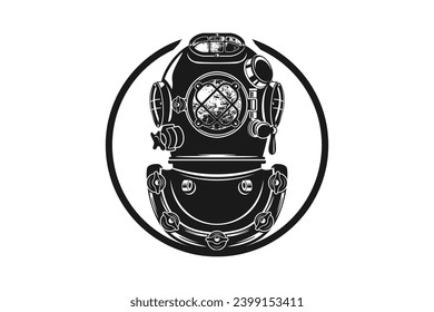 Old iron diving helmet worn rusty silhouette, grunge scary.