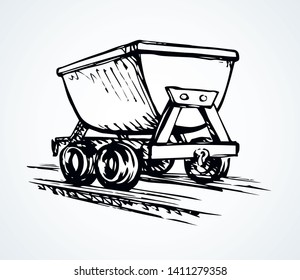 Old iron lurry minecart tram tool on white space for text. Black line hand drawn heavy coal fuel ore load move freight delivery carry truck logo sign pictogram sketch in retro art doodle cartoon style