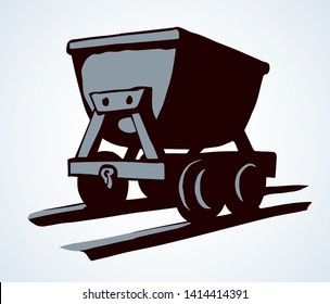 Old iron lurry minecart tram tool equipment on white text space. Black line hand drawn heavy coal fuel ore load move freight delivery carry truck service logo sign sketch in retro art cartoon style