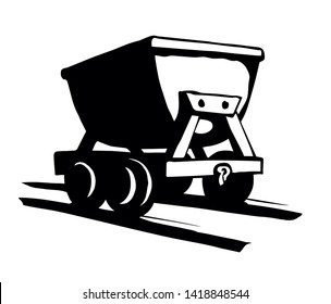 Old iron lurry minecart tram tool equipment on white text space. Black line hand drawn heavy coal fuel ore load move freight delivery carry truck service logo sign sketch in retro art cartoon style