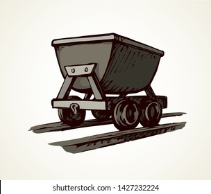 Old iron lurry minecart tram tool equipment on white text space. Black line hand drawn heavy coal fuel ore load move freight delivery carry truck service logo sign sketch in retro art cartoon style