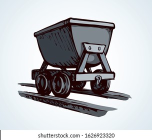 Old iron lurry minecart tram tool equipment on white text space. Black line hand drawn heavy coal fuel ore load move freight delivery carry truck service logo sign sketch in retro art cartoon style