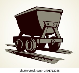 Old iron lurry minecart tram tool equipment on white text space. Black line hand drawn heavy coal fuel ore load move freight delivery carry truck service logo sign sketch in retro art cartoon style