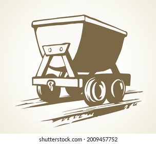 Old iron lurry minecart tram tool equipment on white text space. Black line hand drawn heavy coal fuel ore load move freight delivery carry truck service logo sign sketch in retro art cartoon style