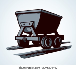 Old iron lurry minecart tram tool equipment on white text space. Black line hand drawn heavy coal fuel ore load move freight delivery carry truck service logo sign sketch in retro art cartoon style