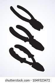 Old iron plier isolated on white backdrop. Dark ink hand drawn picture emblem in art retro contour print style. View closeup with space for text