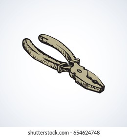 Old iron plier isolated on white backdrop. Freehand linear black ink hand drawn picture sketchy in art retro contour scribble style pen on paper. View closeup with space for text