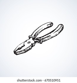 Old iron plier isolated on white backdrop. Freehand linear black ink hand drawn picture sketchy in art retro contour scribble style pen on paper. View closeup with space for text