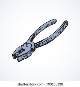 Old iron plier isolated on white backdrop. Freehand linear black ink hand drawn picture sketchy in art retro contour scribble style pen on paper. View closeup with space for text