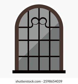 An old iron window with curved bars and a rustic metal texture