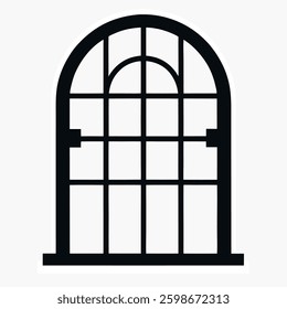 An old iron window with curved bars and a rustic metal texture
