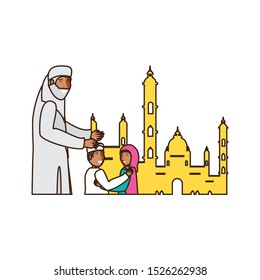 old islamic man with family in mosque vector illustration design