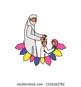 old islamic man with little kids and garlands vector illustration design