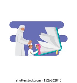 old islamic man with little kids with holy book vector illustration design