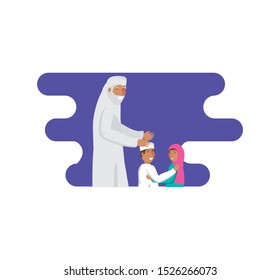 old islamic man with little kids vector illustration design