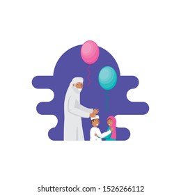 old islamic man with little kids and balloons helium vector illustration design