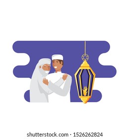 old islamic man with son and lantern vector illustration design