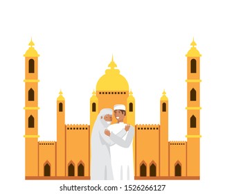 old islamic man with son in mosque building vector illustration design