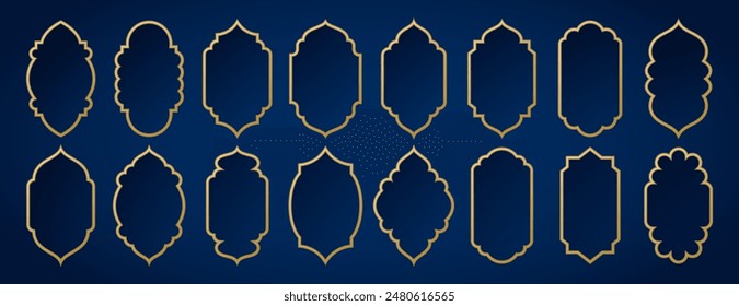 Vieja forma de ventana islámica. Arco de oro árabe, marcos de kareem de ramadán sobre fondo azul. Silueta de la arquitectura de la mezquita musulmana de la frontera árabe marroquí, puerta o puerta. Espejo oriental de Eid Mubarak.