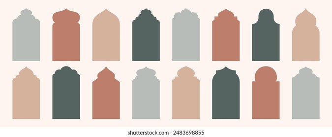 Alte islamische Fensterform im orientalischen Stil. Arabische Rahmen oder arabische Moscheebögen in natürlichen Pastellfarben. Muslimische Architektur geometrische Design-Elemente, marokkanische Minimaltür-Set. Eid Mubarak Gates
