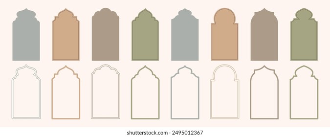 Old islamic window shape in oriental style. Arabic frames or arabian mosque arches in natural pastel colors. Set of muslim architecture geometric design elements or moroccan doors. Eid mubarak gates.