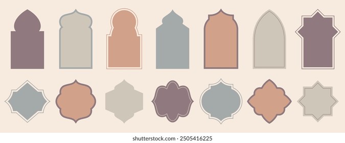 Old islamic window shape in oriental style. Arabic frames, borders or arabian mosque arches in pastel colors. Eid mubarak gates, muslim architecture geometric design elements or moroccan doors set.