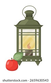 Old isolated lantern. green retro  lamp with a burning flame. vector illustration, flat design