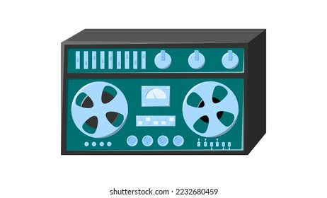 Old isometry retro green vintage music cassette tape recorder with magnetic tape on reels and speakers from the 70s, 80s, 90s. Beautiful icon. Vector illustration