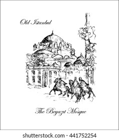 Old Istanbul sketch vector drawing. Bayezid Mosque. Beyazit Mosque. Ottoman times. Pencil drawing landscape.