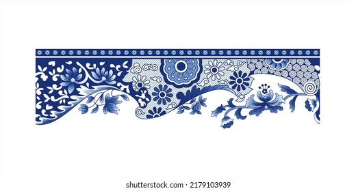 Un viejo ornamento italiano o uno chino. El adorno es azul, cobalto. Bonito patrón para platos, en línea recta, para objetos planos y cilíndricos